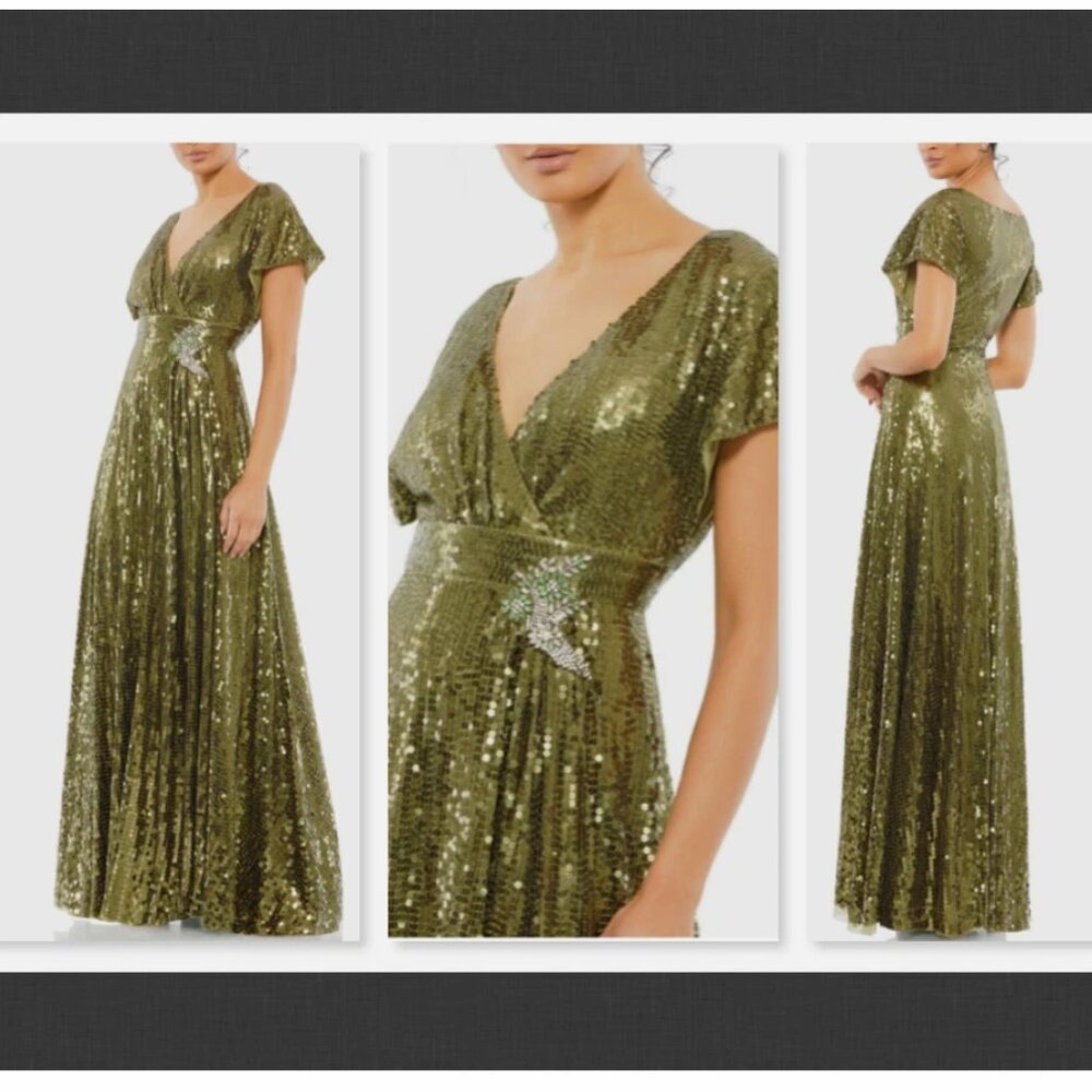 NEW $598 Mac Duggal Green Sequined Butterfly Sleeve Wrap Over A Line Gown SZ 6